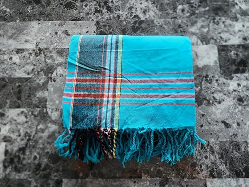 Unisex African Kikoy Scarf, Sarong, Wrap, Throw - 100% Cotton, Handmade Tassels, Multi-Use Beach Cover-Up, Towel, Picnic Blanket, & More - Turquoise Blue.4