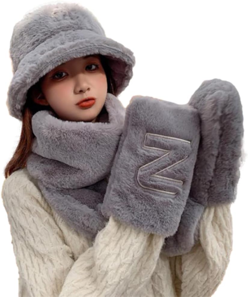 Scarf,Beanie Gloves Scarf Set Cute Bucket Hats For Teens Girls Fuzzy Bucket Hat Fisherman Hat Lady Winter Warm Scarf(Grey)