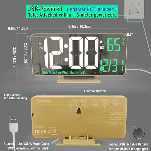 Image of KOSUMOSU Desk Clock for Bedroom Accessories 6.7in Gold Digital Alarm Clock with Dimming,12 /24h, Date, Day of Week, Temp, LED Clock, Modern Digital Calendar Clocks for Living Room Essentials