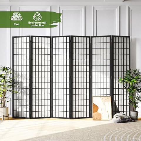 JOSTYLE Room Divider Screen 6 Panel, 5.9 Ft Folding Privacy Screen for Room Separation, Shoji Screen Japanese Style Room Divider Wall, Black Cover