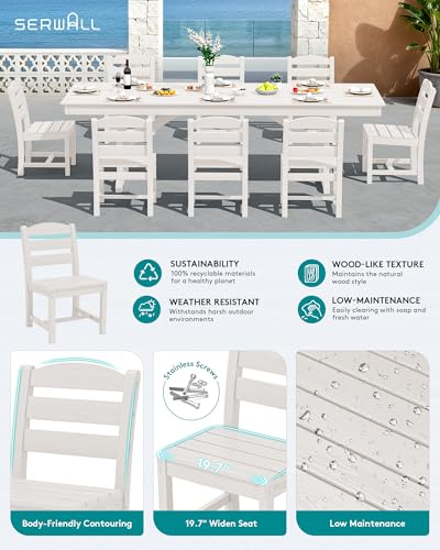 Image of SERWALL 9 Piece 84 inch HDPE Outdoor Dining Set for 8 with Armless Chairs and Umbrelle Hole, White
