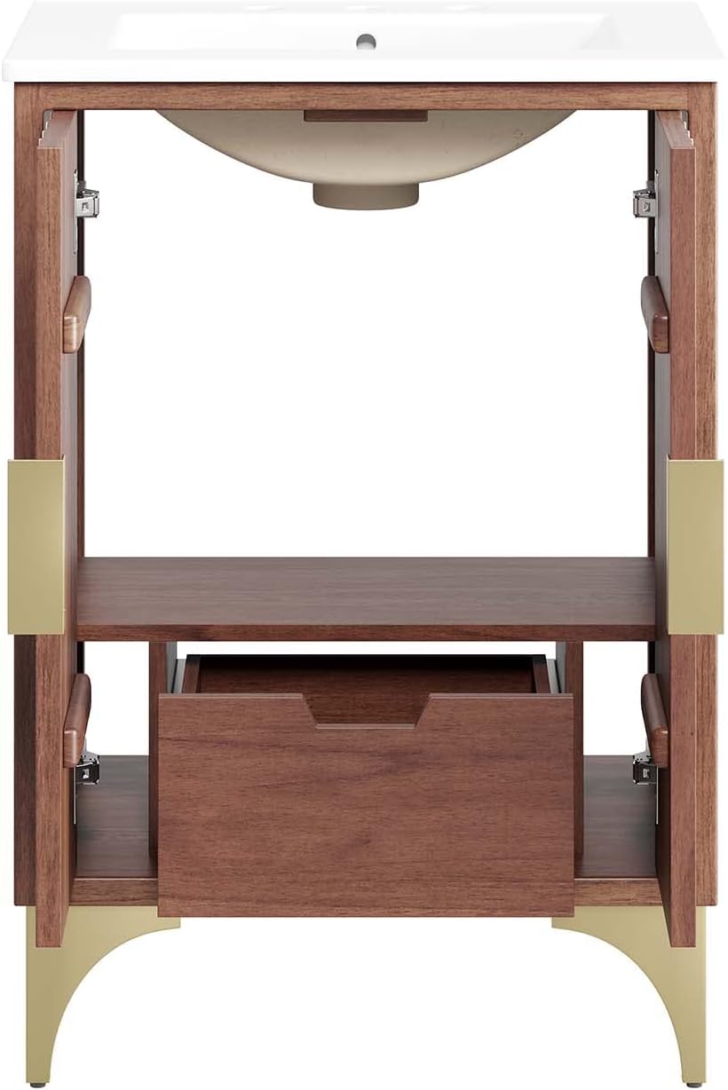 Modway Daylight Bathroom Vanity Cabinet with Ceramic Sink Basin, 24 Inch, White Walnut