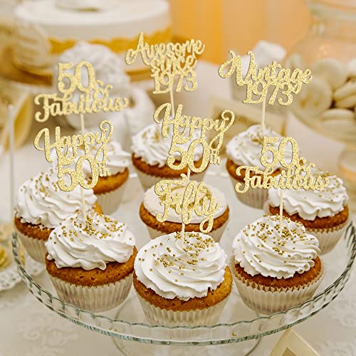 30Pcs Vintage 1973 Cupcake Toppers Glitter Fifty Happy 50Th Birthday 50 Fabulous Cupcake Picks Cheers To 50 Years For 50Th Birthday Wedding Anniversary Party Cake Decorations Supplies Gold #TOP4