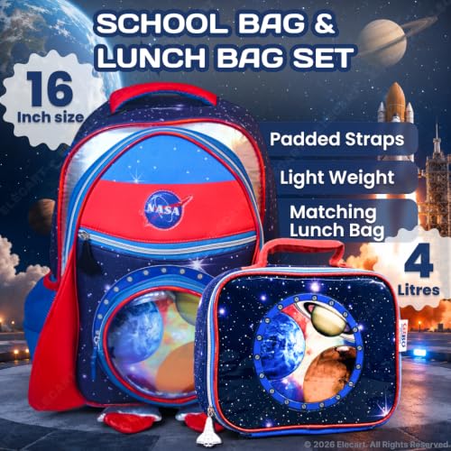 Image of School Bag Combo Set for Girls - 5 in 1 Back to School Hamper with Backpack, Lunch Bag, Tiffin Box, Water Bottle & Pencil Pouch - Complete School Essentials Gift Set for Kids (Space)