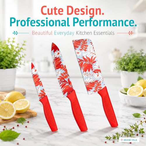 Image of BRAND VILLA Kitchen Knife Set of 3, Ultra Sharp Stainless Steel Chef Knife, Utility Knife & Paring Knife, Non-Stick Coated Blades, Ergonomic Anti-Slip Handle for Fruits, Vegetables & Meat (Red)
