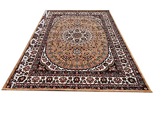 Image of Kashmiri Traditional Woollen Carpet with Advanced 1 Inch Thickness & Classical Look 150x200cm (5x7 Feet) Color Gold