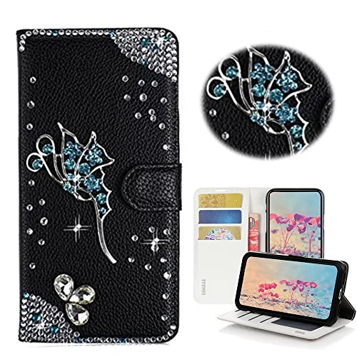 STENES Bling Wallet Phone Case Compatible with Samsung Galaxy S23 Ultra Case - Stylish - 3D Handmade Fairy Design Magnetic Wallet Stand Leather Cover Case - Black