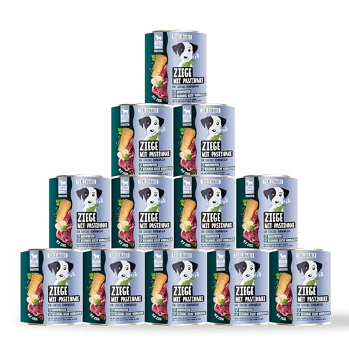 TIERLIEBHABER – Hundefutter Nass 800g 12x Ziege mit Pastinake – Von Tierärzten entwickelt – Nassfutter Hund mit 91% Fleischanteil – Dog Food als Hundenassfutter 800g Dosen