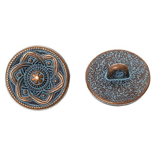 PEPPERLONELY Brand 10PC Metal Shank Button Round Antique Copper Spray Painted Blue Single Hole Flower Pattern 15.0mm(5/8)