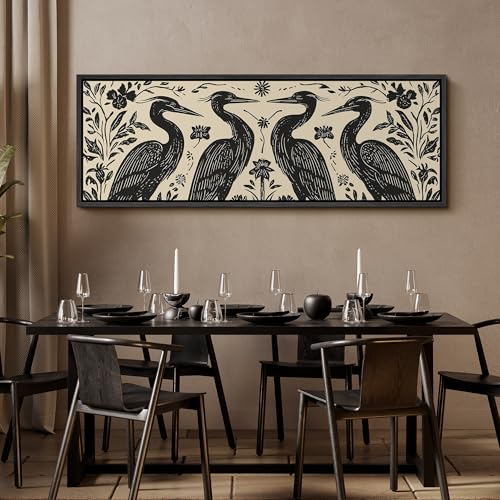 Image of MUDECOR Large Framed Canvas Print Wall Art Folk Art Heron Birds Floral Black and Cream Antique Retro Ready to Hang Painting for Living Room Bedroom Multi-Sizes - 60 inchx20 inch