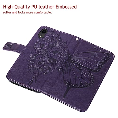Compatible For Iphone Xr Wallet Case,[Card Holder Slots][Kickstand][Wrist Strap] Butterfly Floral Embossed Pu Leather Flip Protective Cover For Iphone Xr Cases Women (Purple) #TOP1