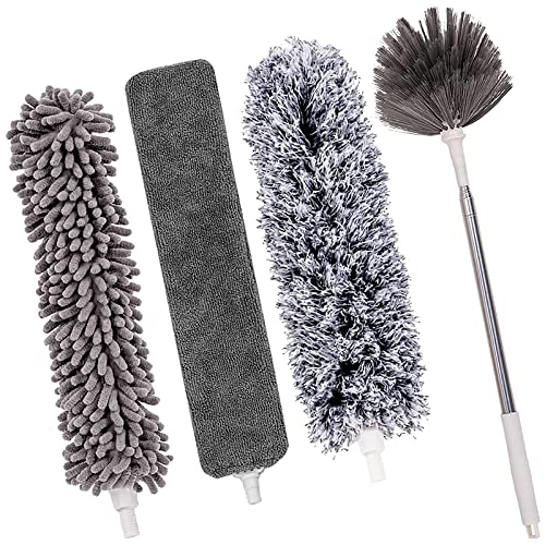 Microfiber Duster, 5Pcs Extendable Feather Duster (Stainless Steel) 30 To 100 Inches Extension Pole, Washable Dusters For Cleaning Ceiling Fan, High Ceiling, Blinds, Furniture, Cars #TOP6