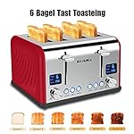 Toaster 4 Slice, KitchMix Bagel Stainless Toaster with LCD Timer, Extra Wide Slots, Dual Screen, Removal Crumb Tray (Red) - Image 2