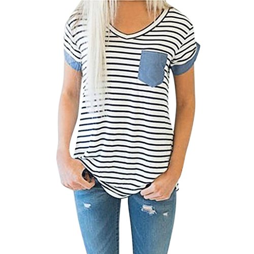 Yeamile?? Camiseta de Mujer Tops Negro Blusa de Verano Ocasionales Moda Tops de Manga Corta a Rayas Blusa Suelto Ropa de Dormir Camiseta (Blanco, S)