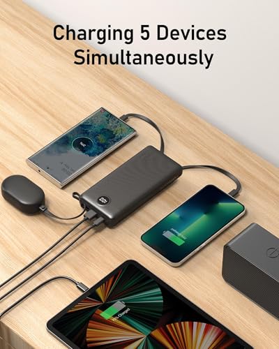 VEEKTOMX Powerbank 20000mAh Power Bank mit integrierten Kabeln USB C Externe Handyakkus mit 5 Ausgängen & 2 Eingängen Reise Gadgets Akkupack Kompatibel mit iPhone, Samsung, Huawei, Xiaomi, iPad – Bild 6