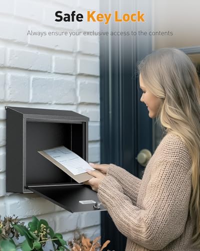 Image of Uniclife Wall Mount Mailbox for Outside, Large Locking Mailbox with Key Lock, Security Mail Box, Postbox for House, Safe Key Drop Case, Steel Cash Drop Case for Home Office School, Black
