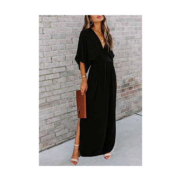 Meenew-Womens-Summer-Maxi-Dress-Party-Vacation-High-Slit-Loose-Long-Beach-Dress Meenew Women's Summer Casual Long Dress Plunge Neck Maxi Party Dress Black L