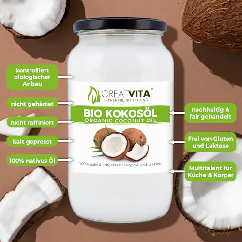 GreatVita Bio Kokosöl, nativ, 1000 ml im Glas zum Kochen Braten Backen