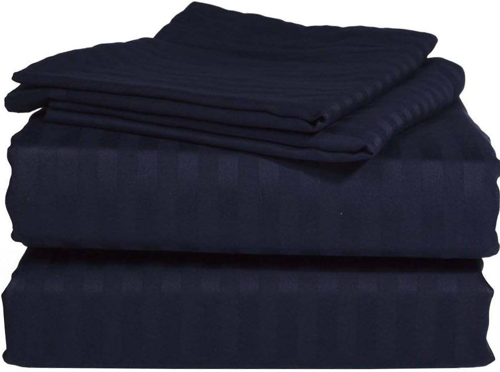 400 Thread Count Super Soft Extra Deep Pocket Sheet Set Stripe Pattern Fit Up to 26" inches Deep Pocket with Wholesale Price (Queen, Navy Blue)