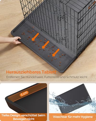 Feandrea Hundekäfig, klappbar, mit 2 Türen, ausziehbare Kunststoffschale, 136 x 79 x 87 cm, XXXL, schwarz PPD054B01