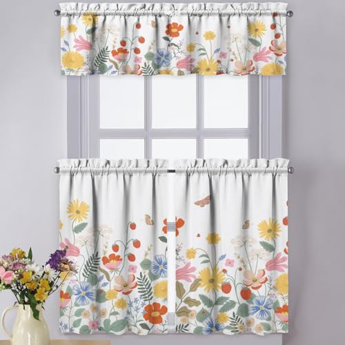 Xsinufn Spring Summer Kitchen Curtains Valances 3 Piece Set,Boho Garden Party Floral Navy Rod Pocket Short Kitchen Tier Curtain Over Sink Window,Cute Farmhouse Cafe Curtains for Holiday Decor 36 Inc