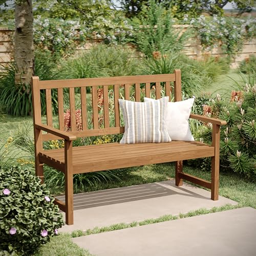 Flash Furniture Adele Commercial Indoor/Outdoor Acacia Wood Bench, 2-Person Slatted Patio Loveseat, for Use in Yard, Garden, Porch, or Park, Brown by Flash Furniture - Used condition - US$91.51