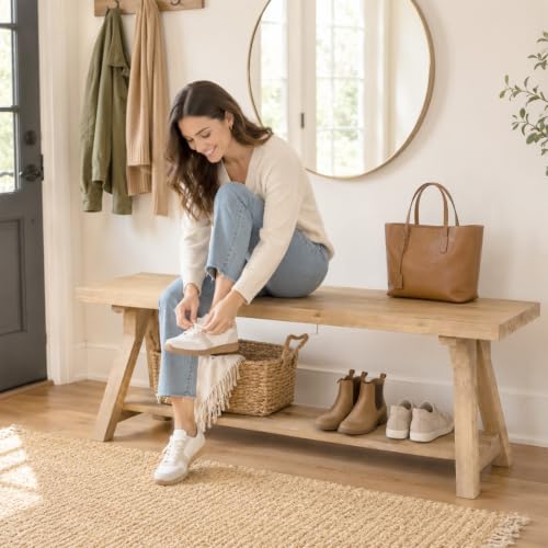 Image of Solid Wood Entryway Bench 43'' Farmhouse with Bottom Storage Shelf