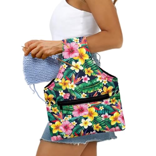 Image of ZUXONGSY Tropical Flower Yarn Bags for Knitting Hibiscus Plumeria Flower Yarn Storage Organizer for Crochet Portable Knitting Project Bag