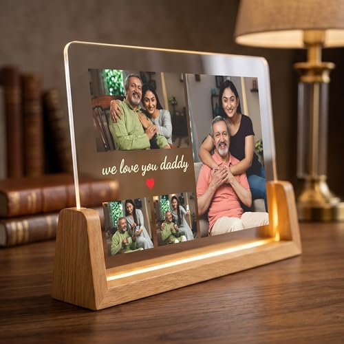 Image of Giftplease Personalized Photo Frame for Dad with Wooden LED Base | Customized Acrylic Photo Frame with Warm Light | Father's Day Gift for Daddy | Custom Photo Night Light for Bedroom & Home Decor