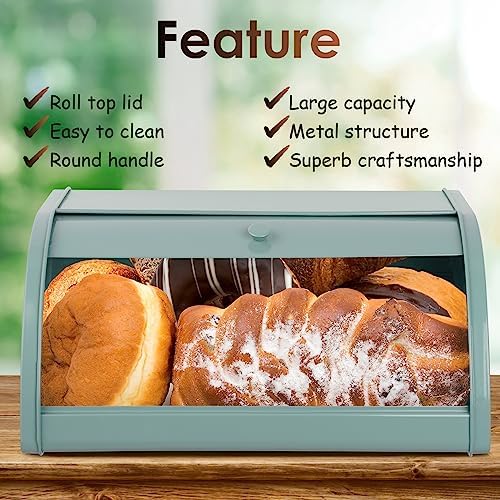 Hossejoy Metal Bread Box, Countertop Bread Storage, Bread Boxes with Roll Top Lid, Bread Bin Container Holder, Breadbox Holds for Your Kitchen Counter (Green)