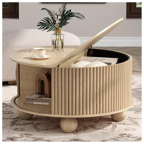 Vanvuson Round Coffee Table with Storage, 31.5" Mid Century Modern Coffee Table with Sliding Door & Bun Feet, Minimalist Fluted Center Table for Living Room, Home Small Space, Oak