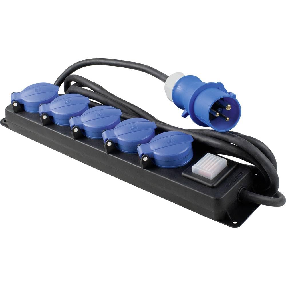 as - Schwabe Ciabatta multipresa a 5 prese con interruttore, spina CEE a 3 poli, 5 prese con contatto di protezione con coperchio, cavo da 4,5 m, presa multipla per campeggio, 230 V, 16 A, IP44, 38619