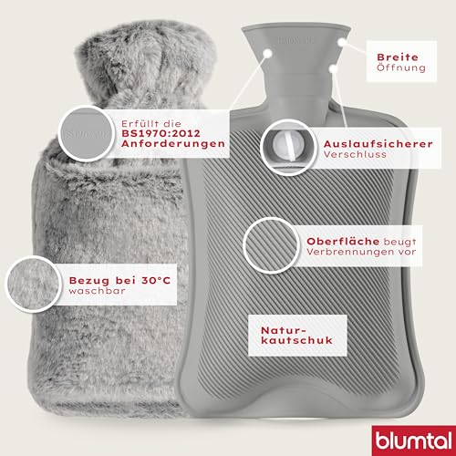 Blumtal Premium Wärmflasche mit Bezug & Tasche flauschig - Wärmeflasche aus verwendungssicherem Naturkautschuk mit Flauschbezug - auslaufsichere Bettflasche mit Innenfutter - Hot Water Bottle Grau