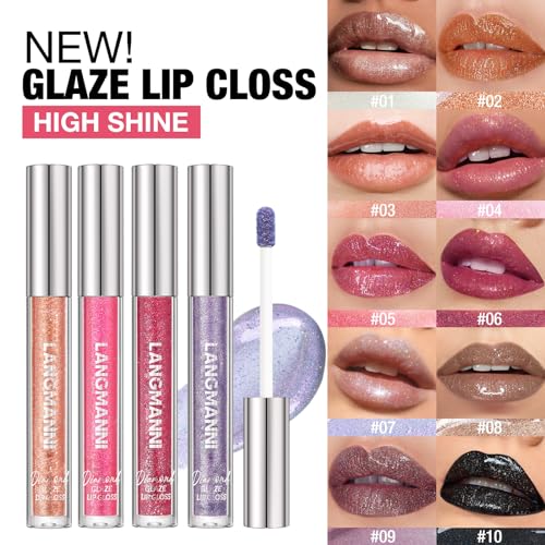 LANGMANNI 10 Colors High Shine Lipgloss Set,Long Lasting Diamond Gliter Shimmer Liquid Lipstick Set,Hydrating,Moisturizing Lip Gloss Kit Gift Makeup For Girls (SET A) - Image 3