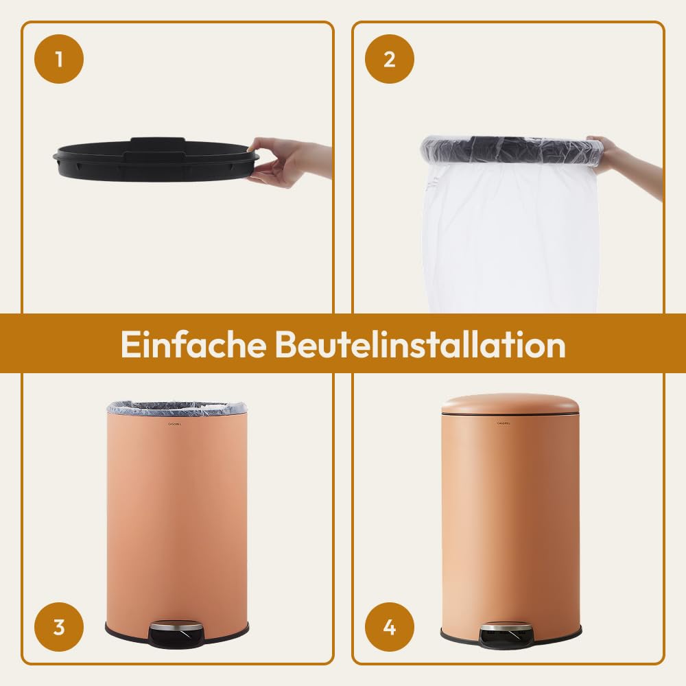 CASABEL runder Küchenabfalleimer 50L, Edelstahl, Terrakotta | Pedalöffnung, Soft-Close, fingerabdruckresistenter Edelstahl, Beutelhaltering, Tragegriff, pflegeleicht