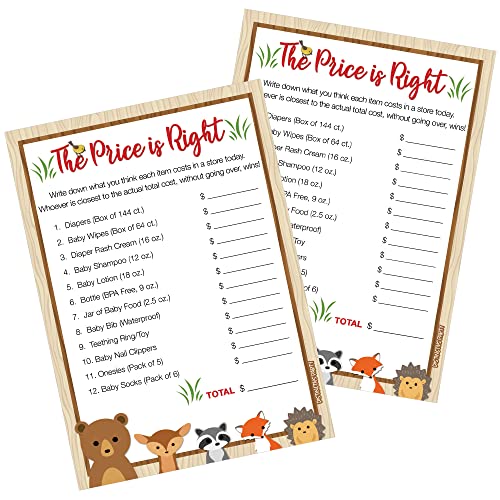 DISTINCTIVS Woodland Price is Right Baby Shower Game - 20 Cards, Forest Animals Theme