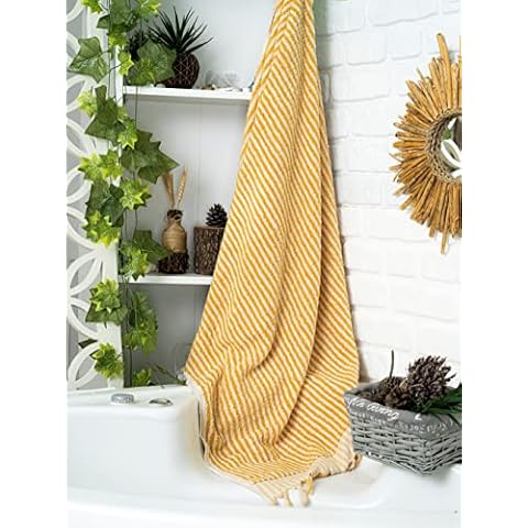 Striped Hand and Bath Towels for Bathroom | Oversized - 17" X 35" | Set of 2 Hand Towels | Organic Turkish Cotton | Large Soft Plush Fluffy Absorbent Ribbed Bath Towels (Bath Towel 35"x70", Mustard) Cover