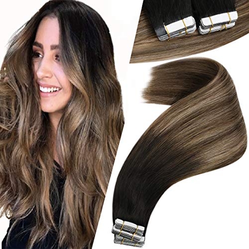 VeSunny Tape in Hair Extensions Human Hair Ombre Black to Brown with Ash Blonde Highlights Tape in Real Human Hair Extensions Balayage 20 Pcs 50G/Set 16inch
