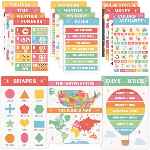 Fun Educational Posters for Toddlers 1–3 – Set of 16 Easy to Read Learning Posters for Classroom & Homeschool Decor – Essential...