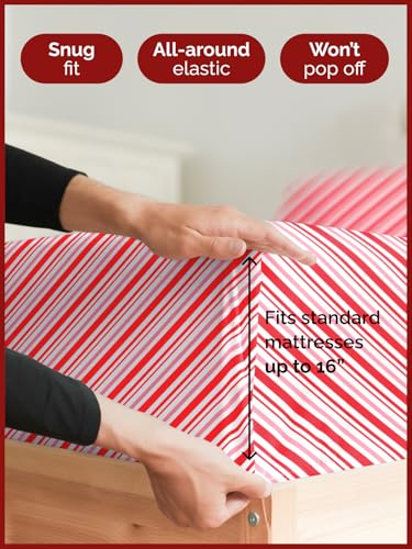 King Candy Cane Stripe Sheet Set - Holiday Xmas Pattern Bedding Set - Deep Pockets - Snug Fit - 4PC - Wrinkle Free & Easy Care - Comfy Festive Winter - Holiday Sheets for Women, Men, Kids & Teens