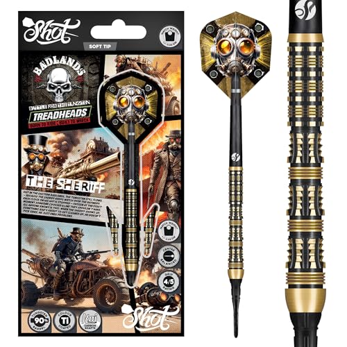 Shot! Badlands The Sheriff - Juego de dardos de punta suave 90% de tungsteno hechos a mano, juego de dardos profesionales y vuelos fabricados en Nueva Zelanda, dardos de punta suave para diana