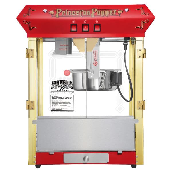 Princeton - Máquina de palomitas de maíz de 8 onzas con hervidor de acero inoxidable, bandeja de rechazo de granos, luz cálida y accesorios de Great Northern Popcorn (rojo)