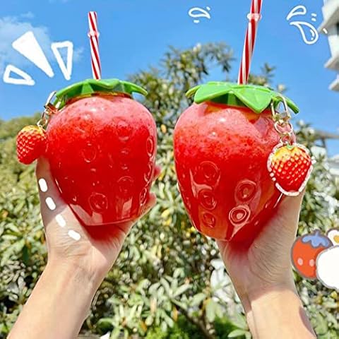 WYSRJ Reusable Boba Cup Bubble Tea Cup 2Pack, 17 Oz Strawberry Shaped Kawaii Cup with Straw and Strawberry Pendant, Cute Smoothie Cups Iced Coffee Cups for Home Office School Cover
