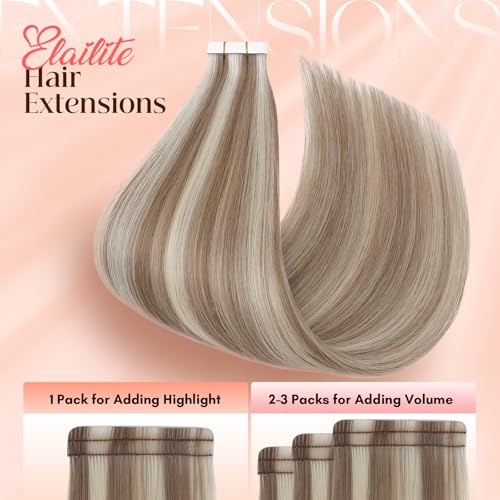 Image of Elailite Tape in Hair Extensions Human Hair Thick Real Remy Hairpieces Golden Brown & Bleach Blonde 14 Inch 40g 20pcs Straight Invisible Seamless Skin Weft Best Tape for Women
