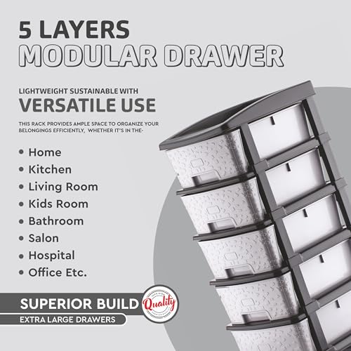 Image of 5XL Plastic Modular Drawer System for Home, Office, Hospital, Parlor, School, Doctors, Home and Kids, Product Dimension When assembeled (30cmx38cmx78 cm) Grey (Grey, 5XL)