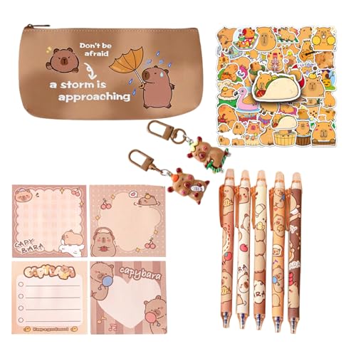 Image of Capybara 1 Makeup Bag, Pencil Case, 50 Stickers,5 Gel Ink Pens,1 Sticky Notes(SELECT RANDOMLY),2 Keychain Cute Capybara Set Birthday Gift Capybara Gifts