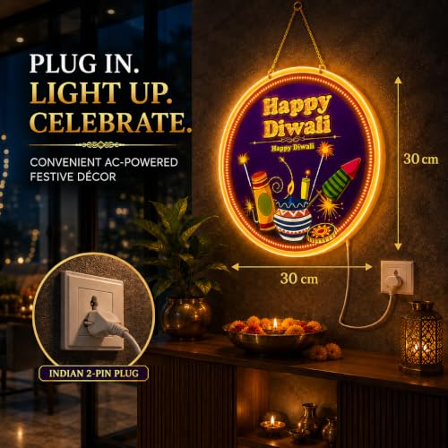 Image of Gesto Diwali Lights for Home Decoration, Happy Diwali LED Hanging Light, Dual-Side Display, AC Plug-in Diwali Decorative Light for Pooja Room, Mandir, Door Entry, Balcony, Office, Shop & Showroom
