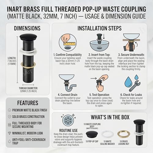 Image of InArt Brass Full Threaded Pop Up Waste Coupling 32 MM (7 inch, Black Matte) - for Table Top Wash Basins (Black 1)
