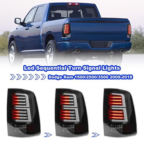 Roxx Full Led Tail Lights Assembly For 2009-2018 Dodge Ram 1500/2500/3500, Led Dodge Ram Tail Lights Replacements Pair W/Led Sequential Turn Signals, Left + Right Sides (Smoke Lens) #TOP1