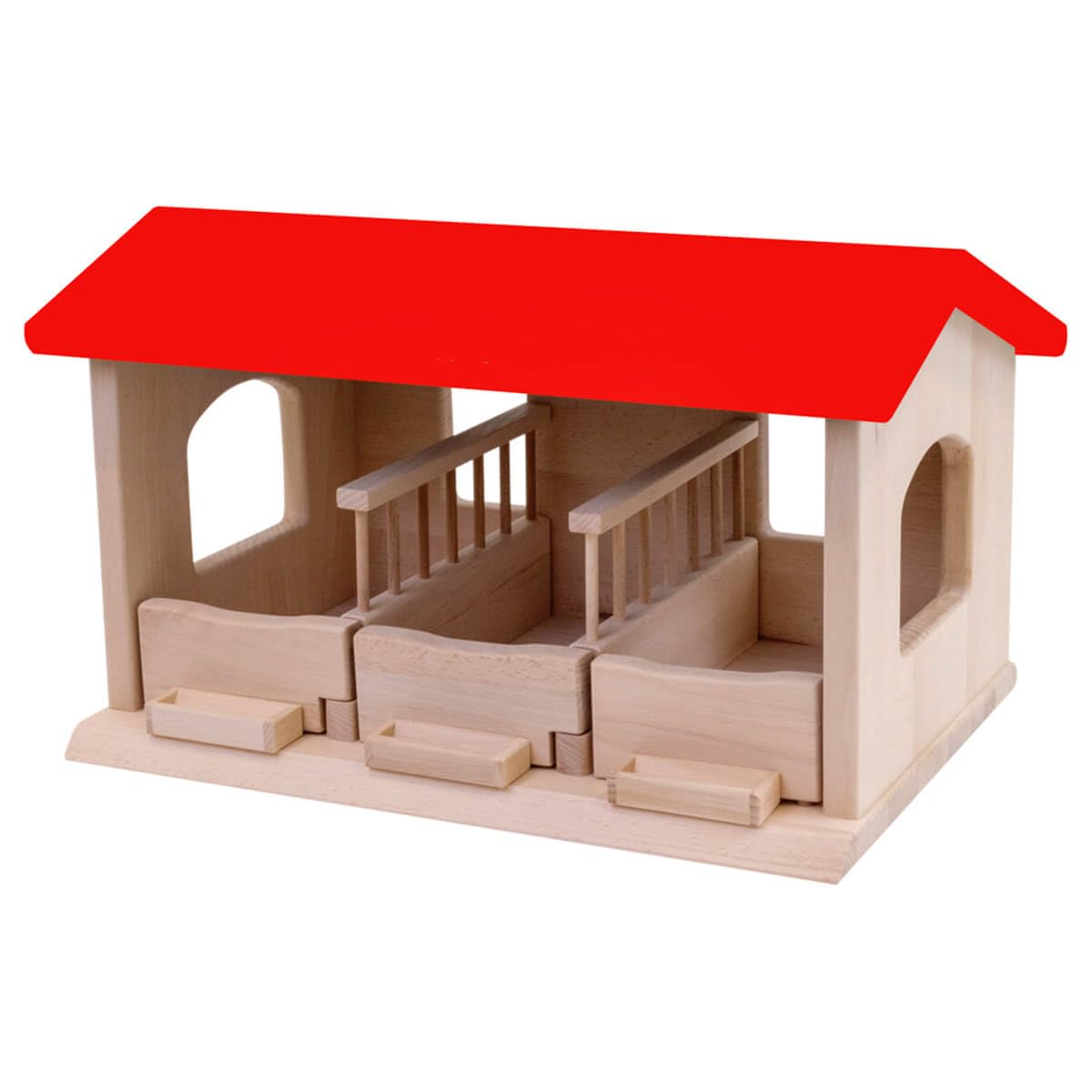 Holzspielzeug Peitz Spielzeug Pferdestall aus Holz | Bauernhof mit 3 Boxen & Futtertrögen | Passend für Schleich Pferde